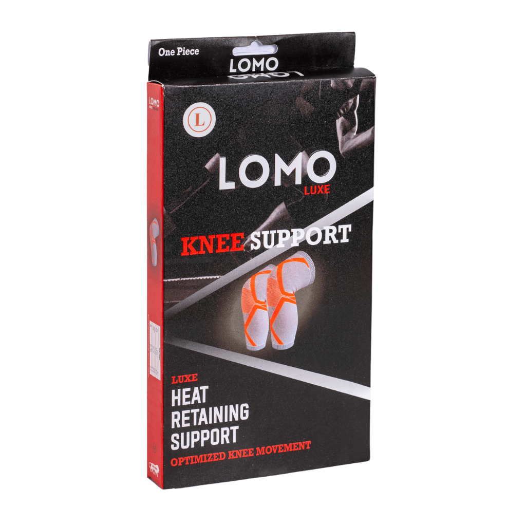 The box packaging of LOMO’s Luxe Knee Support displays the logo and key features
