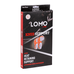 The box packaging of LOMO’s Luxe Knee Support displays the logo and key features
